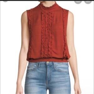 Frame Denim Ruffled Mock Neck Sleeveless Blouse Turkish Red Small